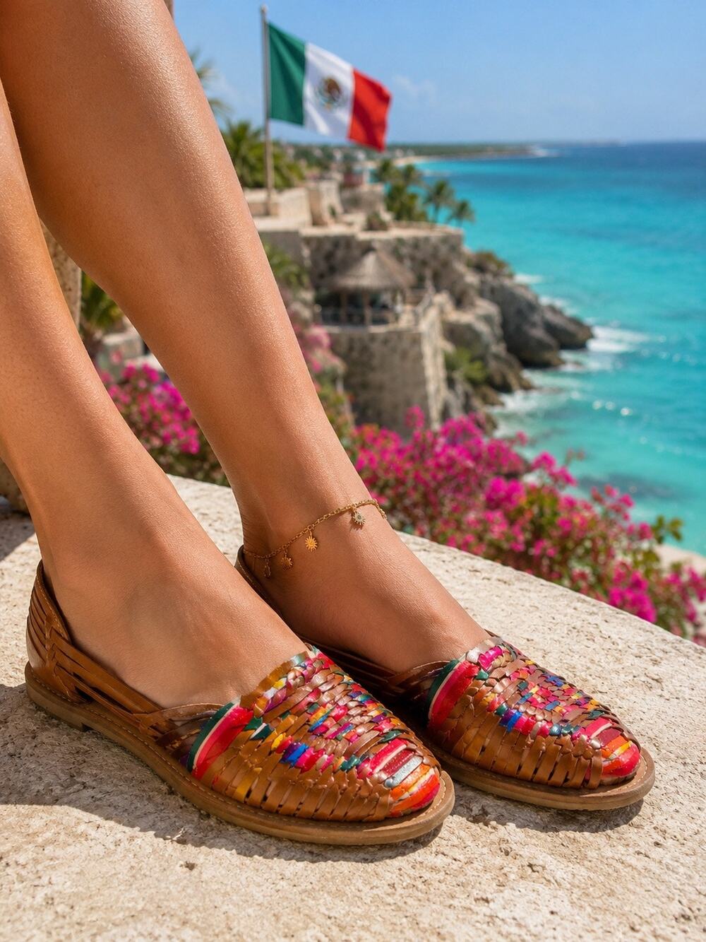Irvin tan leather huaraches in a vibrant, multicolored woven leather Size 7.5